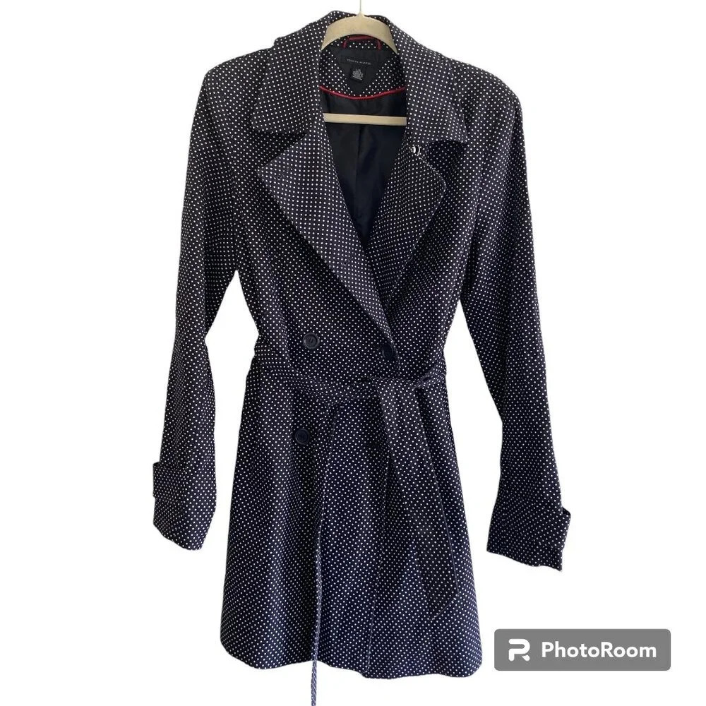 TOMMY Hilfiger Double Breasted Polka Dot Belted Trench Coat Navy & White Size L